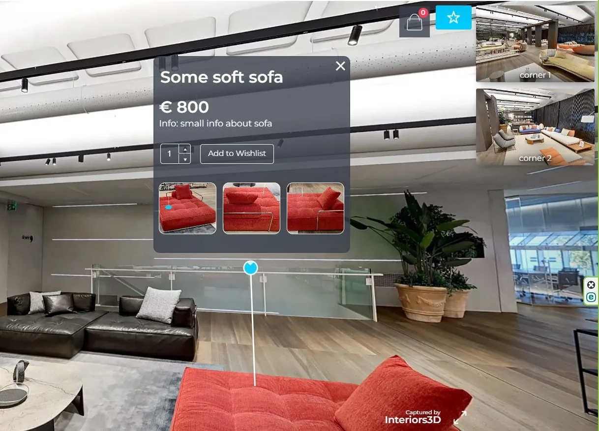 Wish-List integrata in un Virtual Tour — scheda prodotto con prezzo e Add to Wishlist